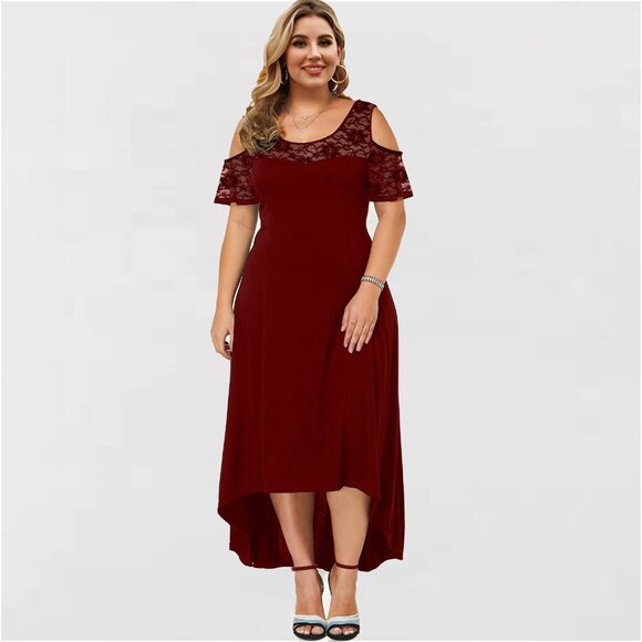 2/$40 Red High-Low Midi Dress Short cold shoulder Lace Evening Party Size XL - Picture 5 of 6